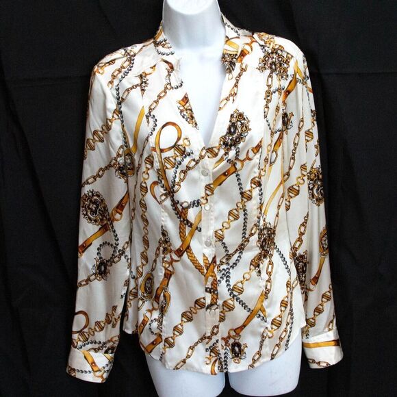 Cache Vgt Y2K 90s Button Up Equestrian Scarf Western Silk Shirt V-Neck Size M - Picture 2 of 9
